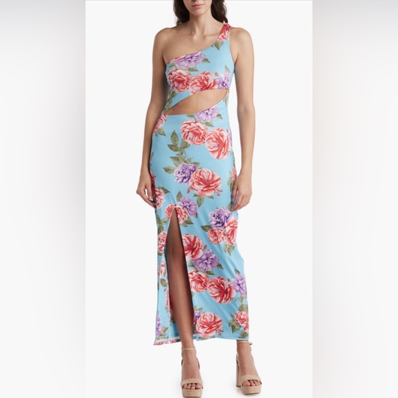 NWT AFRM Lumi Floral One Shoulder Cutout Maxi Dress Blue Bouquet Size S - Picture 1 of 12